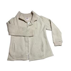 Mossimo women’s jacket size L. Color is beige. Cotton and Polyester mix.